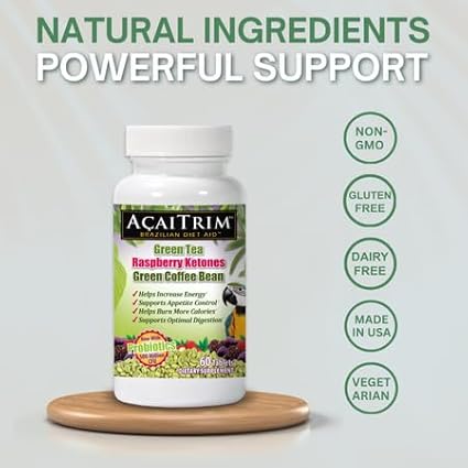 AcaiTrim- Weight Loss Supplement- Green Tea Extract, Green Coffee Bean Extract, Raspberry Ketones, Acai, & Probiotics – Supports Metabolism & Energy for Men & Women- 60 Acai Berry Capsules