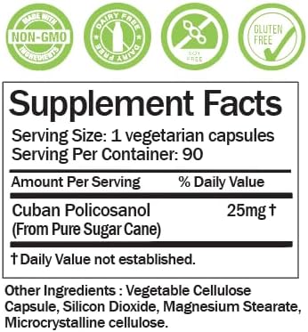 Cuban Policosanol 25mg, 90 Vegetable Capsules (Pack of 1)