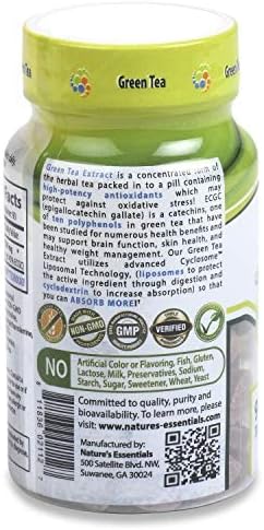 NATURE'S ESSENTIALS Low Caffeine Green Tea Extract 250mg | 45% EGCG | Advanced Cyclosome Liposomal Delivery | Non-GMO, Gluten Free, Vegetarian | 90 Tablets