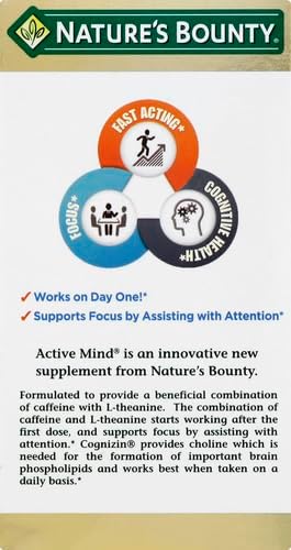 Nature's Bounty Active Mind Dietary Supplement, Supports Focus and Attention, 1000 mg Cognizin with L-Theanine and Caffeine Pills, 60 Caplets