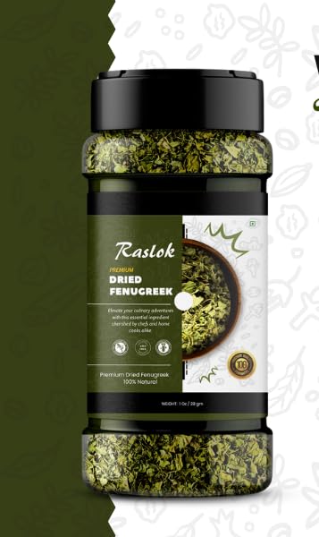 Raslok Dried Fenugreek Spice Leaves Herbs All Natural Kasoori Methi | 1oz - 28gm | Popular Seasoning Indian Spices| All Natural | Vegan | Gluten Free| NON-GMO | Kasuri Methi Organic | Dried Herbs