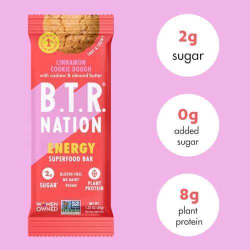 B.T.R. Nation Superfood Keto Protein Bars - Cinnamon Cookie Dough ENERGY | (4 Pack) | Plant Based Vegan Protein, Low Carb Food, Low Calorie, Gluten Free, No Sugar Alcohols, Boosted with Superfoods