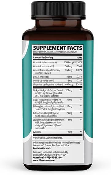 Visibili-T AREDS 2 Advanced Eye Support - Vitamin & Mineral Supplement for Macular Health & Vision Support - Lutein, Zeaxanthin, Bilberry, Grape Seed Extract, Chromium & Ginkgo Biloba - 60 Capsules