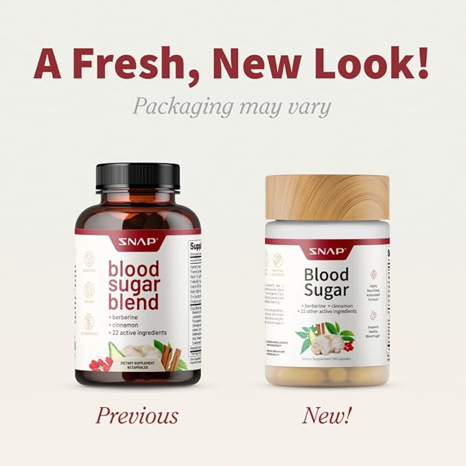 Snap Supplements Blood Sugar Blend with Berberine, CoQ10, Cinnamon, Alpha Lipoic Acid and Gymnema to Support Healthy Blood Sugar, Metabolic Health and Energy, Sugar Free, 60 Capsules, 2 Pack