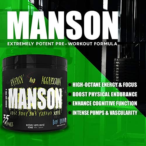 DARK METAL Inc. Manson High Stim Pre Workout Powder, Energy Focus Strength, Loaded with Beta Alanine L-Carnitine Caffeine Infinergy, 35 Srvgs, Blue Raspberry