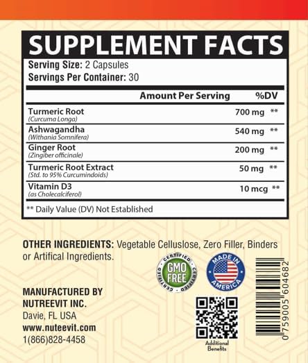 Organic Turmeric Ashwagandha Ginger Vitamin D3-60 Capsules - Extra Strength Ashwagandha Root Turmeric Supplement Immune Support - Ashwagandha Supplements with Natural Ginger and Turmeric
