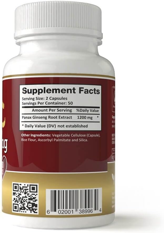 Panax Ginseng Capsules, Extra Strength 1200mg (100 Veggie Capsules)