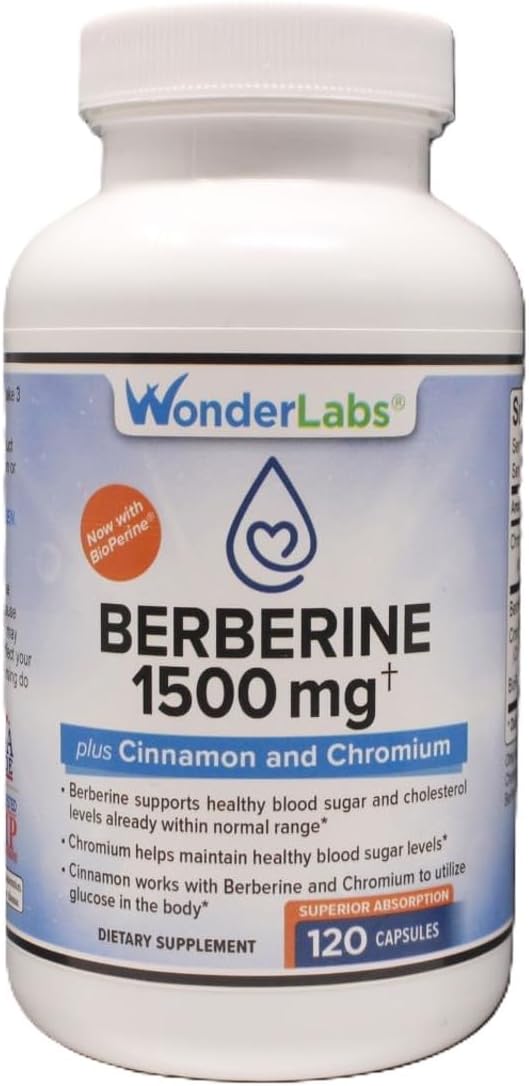 Surperior Absorption Berberine HCL 1,500mg + Cinnamon, Chromium, and BioPerine Maintenance for Glucose, Heart & Immune System Health Gluten & GMO Free - 120 Capsules