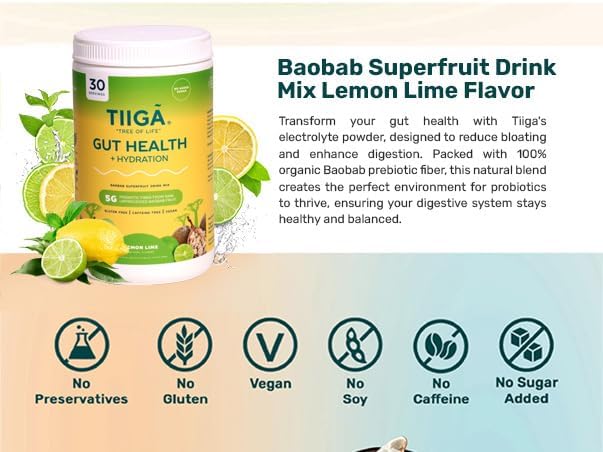 Tiiga 2-in-1 Gut Health + Hydration Drink Mix – Natural Debloat Formula with 75%+ Baobab & Coconut Water. High in Antioxidants, Prebiotics, Zero Added Sugar, Supports Digestion, Energy & Helps Debloat