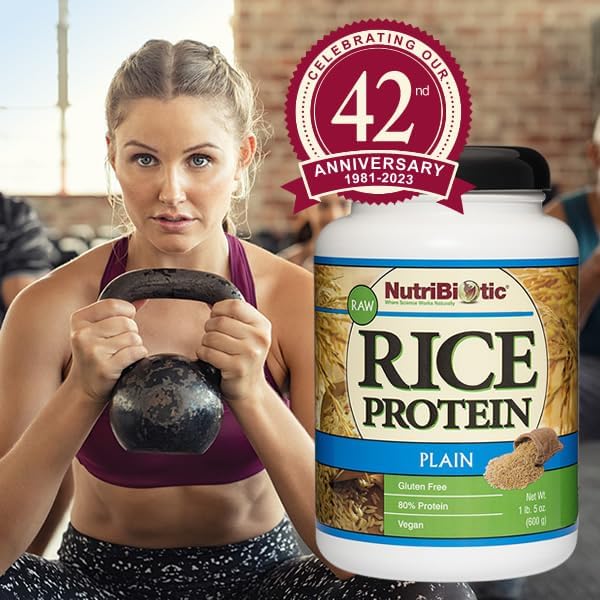 NutriBiotic – Plain Rice Protein, 1 Lb 5 oz (600g) - Low Carb, Keto-Friendly, Vegan, Raw Protein Powder - Grown & Processed Without Chemicals, GMOs or Gluten - Easy to Digest & Nutrient-Rich