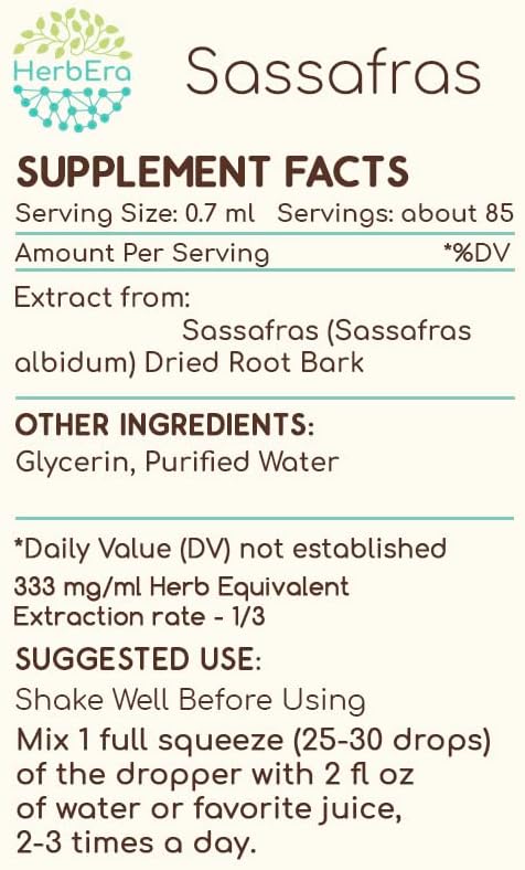 Sassafras B60 Alcohol-Free Herbal Extract Tincture, Concentrated Liquid Drops Natural Sassafras (Sassafras albidum) Dried Root Bark (2 fl oz)