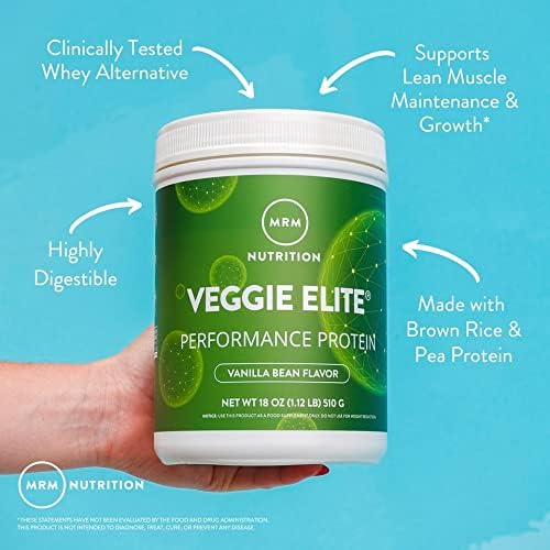 MRM Nutrition Veggie Elite Performance Protein | Vanilla Bean Flavored| Plant-Based Protein| Easy to Digest | with BCAAs| Vegan + Gluten-Free | Clinically Tested| Digestive enzymes | 30 Servings