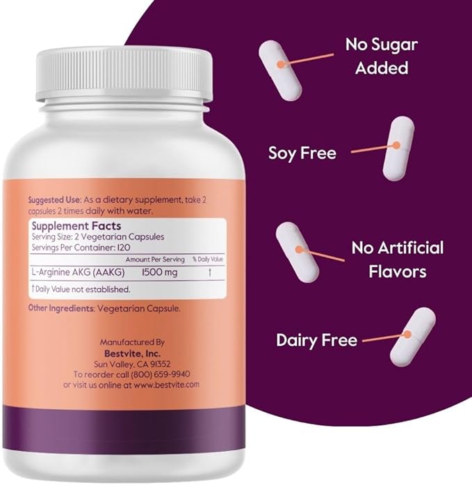 BESTVITE Arginine AKG 750mg (240 Vegetarian Capsules) - No Stearates - Vegan - Non GMO - Gluten Free