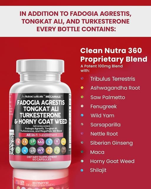 Clean Nutraceuticals Fadogia Agrestis Tongkat Ali Turkesterone Supplement with Horny Goat Weed, Saw Palmetto, Maca Root, Siberian Ginseng, Tribulus Terrestris, Fenugreek, Wild Yam - 60 Count
