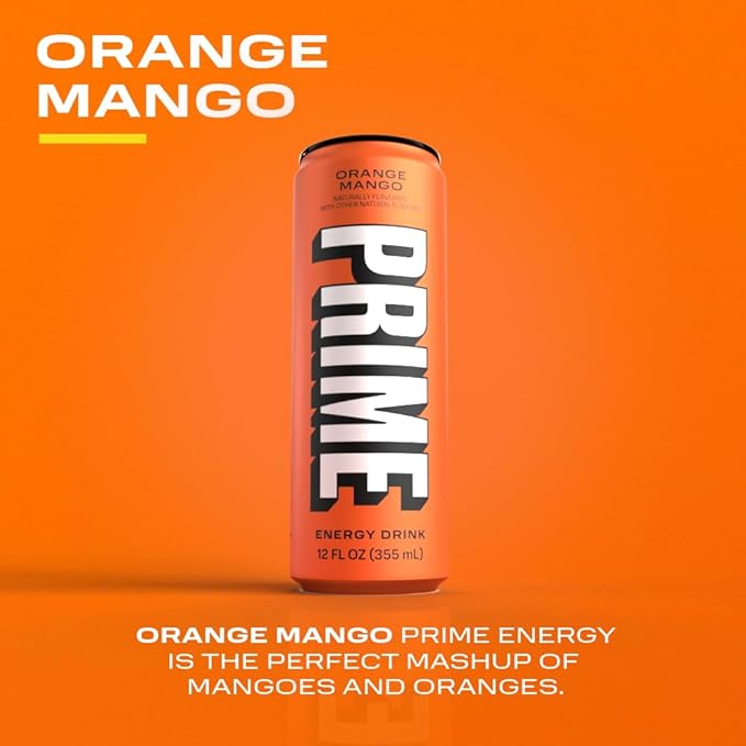 PRIME Energy ORANGE MANGO | Zero Sugar Energy Drink | Preworkout Energy | 200mg Caffeine with 355mg of Electrolytes and Coconut Water for Hydration| Vegan | Gluten Free |12 Fluid Ounce | 12 Pack
