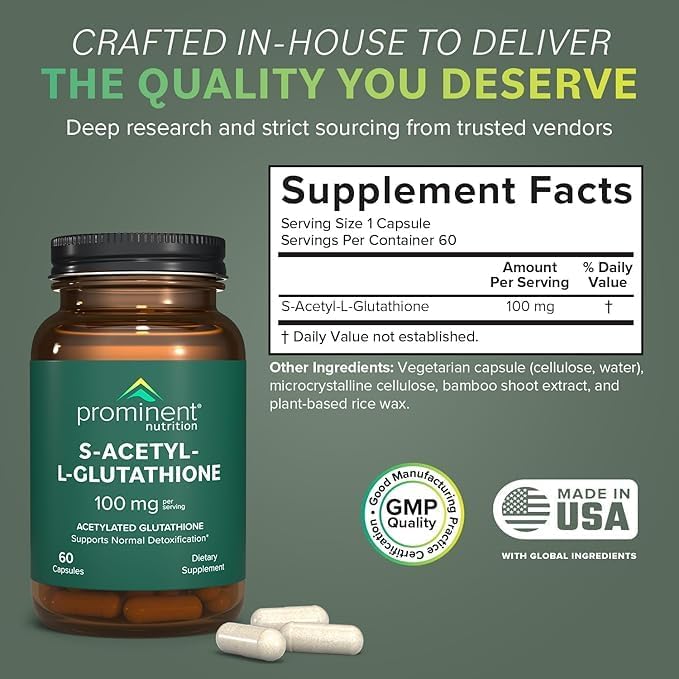 Prominent Nutrition S-Acetyl L-Glutathione Supplement - Clinically Researched Emothion Acetylated Glutathione for Normal Liver Detoxification Support & Optimal Antioxidant Effect, 60 Vegan Capsules