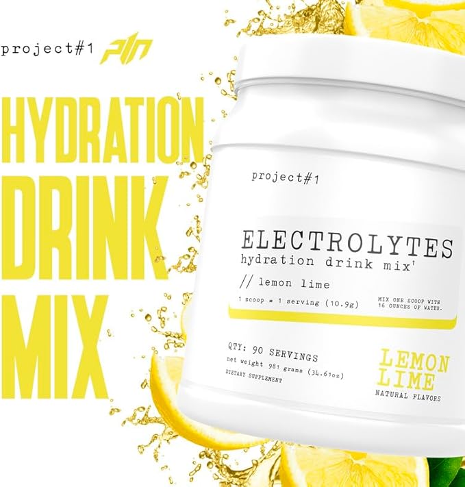 Project #1 Electrolyte Drink Mix - Lemon Lime Flavor - Enhanced Hydration with Potassium & Coconut Water - Low Calorie, High Performance Electrolyte Powder for Fitness & Endurance - 90 Servings