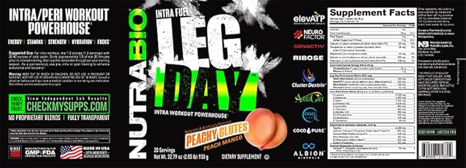 NutraBio Leg Day Intra Carb Supplement – Advanced Carbohydrate Complex – Amino Acid EAA/BCAA Formula – Electrolyte Blend for Recovery and Performance, Peach Mango, 20 Servings
