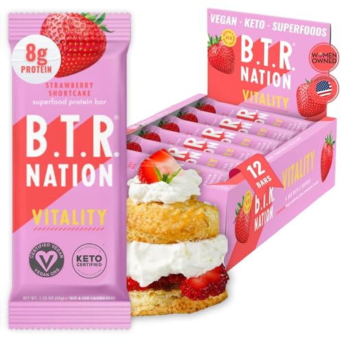 B.T.R. Nation Vegan Superfood Protein Bars - Strawberry Shortcake VITALITY | 12 Bars | Keto, Plant Based, and Gluten Free Low Carb, Sugar Alcohol Free, & Boosted with Powerful Superfood!