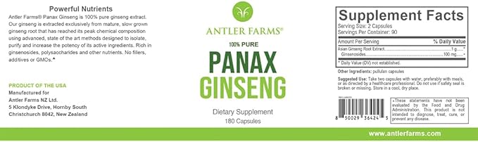 Antler Farms - 100% Pure, Red Panax Ginseng Extract, 180 Capsules, 500mg - From Slow-Grown Ginseng Root in the Changbai Mountains, 10% Ginsenosides