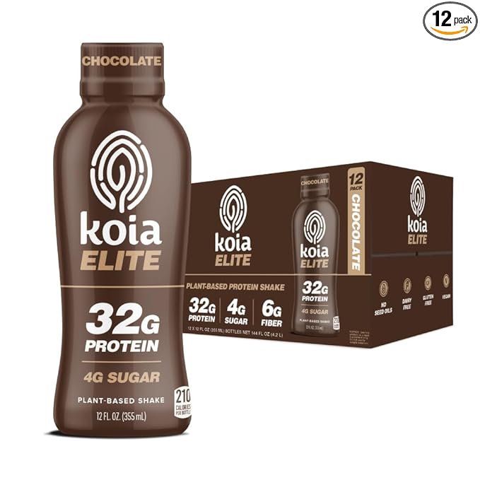 Koia Elite Plant Based Protein Shake, Chocolate, 32g Protein, 4g Sugar, 6g Prebiotic Fiber, Pre & Post Workout Nutritional Drink, No Seed Oils, Dairy-Free, Gluten-Free, Non-GMO, 12 Fl Oz (Pack of 12)