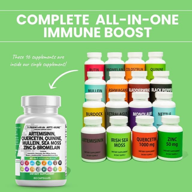 Clean Nutraceuticals Artemisinin Quercetin Zinc Mullein Quinine Supplement with Sea Moss Bromelain Ashwagandha Root Nettle Leaf Bladderwrack Burdock Root Monolaurin Colostrum Rutin
