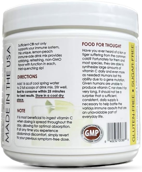 Sufficient-C High-Dosed 4000 mg. Vitamin C Lemon Peach Immune-Ade Drink Mix 250 gram Size - Refreshing with Generously Dosed L-lysine, Bromelain & 96% Pure, Caffeine-Free Green Tea Extract