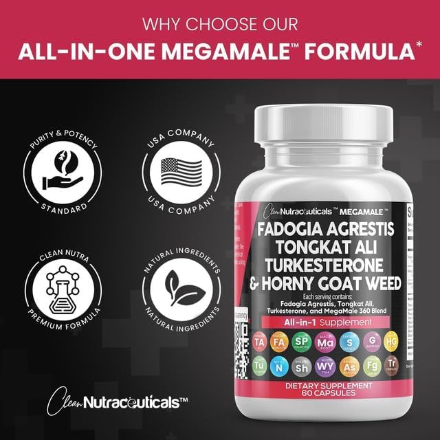 Clean Nutraceuticals Fadogia Agrestis Tongkat Ali Turkesterone Supplement with Horny Goat Weed, Saw Palmetto, Maca Root, Siberian Ginseng, Tribulus Terrestris, Fenugreek, Wild Yam - 60 Count