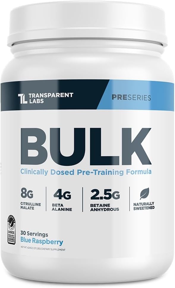 Transparent Labs Bulk Pre Workout Powder - Naturally Sweetened Advanced Pre-Workout Formula for Muscle Building and Strength - 30 Servings, Blue Raspberry