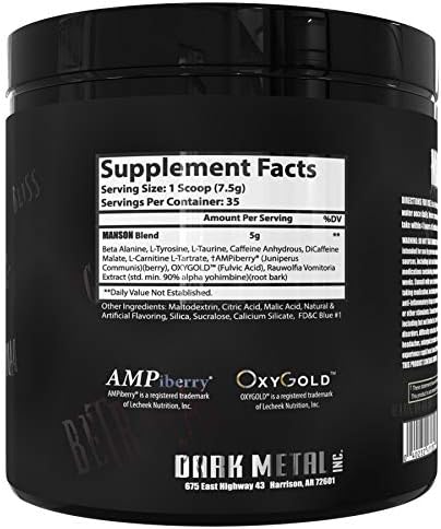 DARK METAL Inc. Manson High Stim Pre Workout Powder, Energy Focus Strength, Loaded with Beta Alanine L-Carnitine Caffeine Infinergy, 35 Srvgs, Blue Raspberry