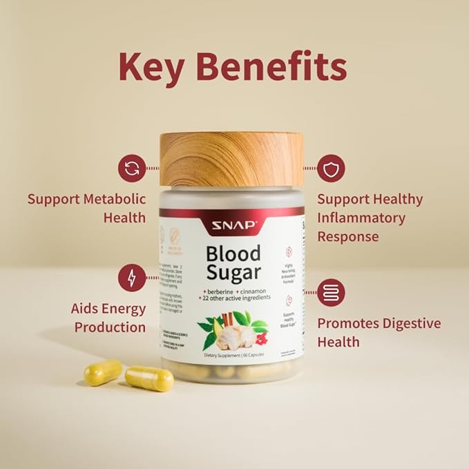 Snap Supplements Blood Sugar Blend with Berberine, CoQ10, Cinnamon, Alpha Lipoic Acid and Gymnema to Support Healthy Blood Sugar, Metabolic Health and Energy, Sugar Free, 60 Capsules, 2 Pack