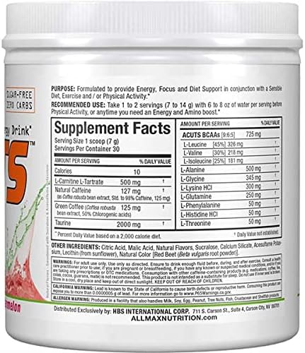 ALLMAX Nutrition AMINOCUTS (ACUTS), Amino-Charged Energy Drink with Taurine, L-Carnitine, Green Coffee Bean Extract, Watermelon, 30 Servings