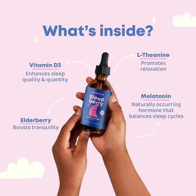 JoySpring SleepBerry - Kids Melatonin Liquid - 3MG Melatonin with D3 and Elderberry - Sugar-Free Liquid for Kids & Teens – Gentle Natural Sleep Support Formula (4 fl oz)