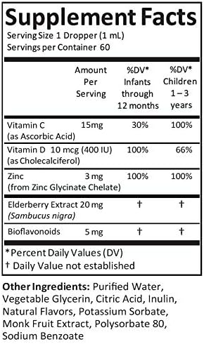 Kiddivit Baby Zinc Liquid Drops with Elderberry, Vitamin D3 & C - 60 Daily Servings, 2 Fl Oz (60 mL) - Inulin Fortified (Prebiotic, Dietary Fiber) - Sugar Free, Gluten Free, Vegetarian Friendly