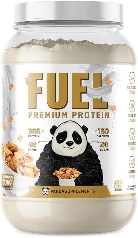 Panda Fuel Premium Protein Non-GMO Whey,Hydrolyzed Collagen,Casein,Probiotics,Digestive Enzymes, Keto Friendly,Time Release, 25 Servings (Cinnamon Toast) (with inclusions)