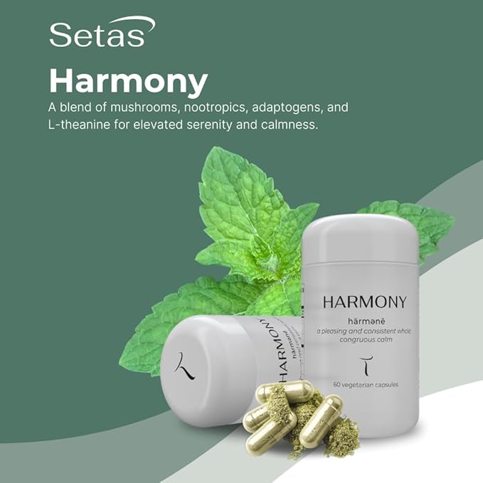 HARMONY Mushroom & Botanical Supplement by Setas – Organic Reishi & Lion’s Mane, Ashwagandha, Linden Tree & L-theanine to Support Mood, Stress Management, & Calm, Vegan & Non-GMO, 60-Day Supply