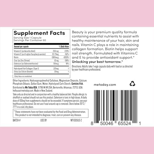 Beauty Supplement, for Hair, Skin and Nails, 60 Capsules, with Vitamin C, Collagen, Biotin and Zinc
