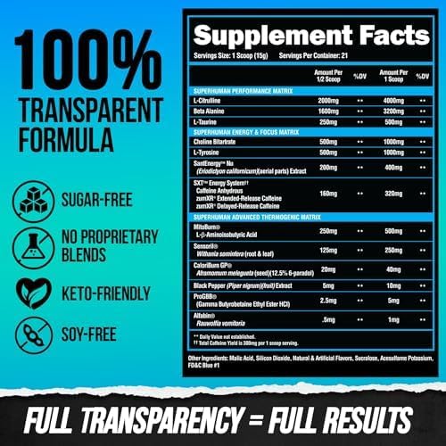 ALPHA LION Superhuman Burn – 2 in 1 Metabolism Booster Pre Workout and Thermogenic Fat Burner for Men – Appetite Suppressant and Weight Loss Supplement (21 Servings, Blue Gummy Bear Flavor)