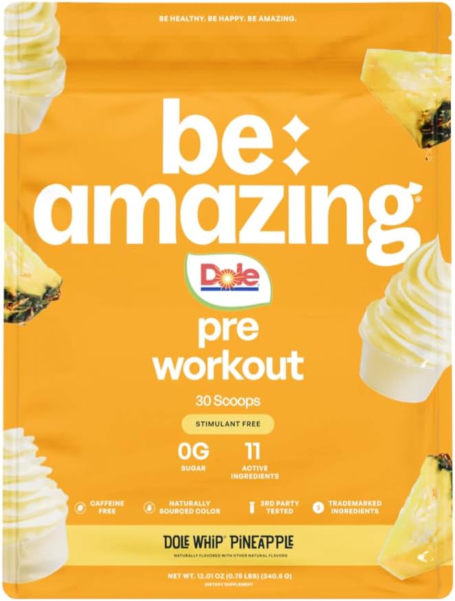 Be Amazing Vegan Stim Free Pre-Workout Powder | Energy Booster Powdered Drink with No Caffeine, No Crash, No Jitters | Gluten-Free Supplement with Adaptogens | Dole Whip Pineapple, 30 Scoops