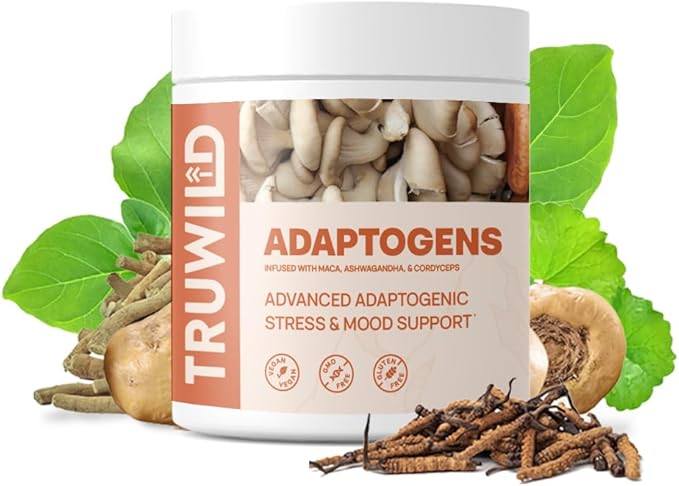 TruWild Adaptogen Blend with Cordyceps Maca Ashwagandha - Full Spectrum Mushroom Blend for Daily Support and Function, All Natural Formula with 7 Key Ingredients, 60 Capsules