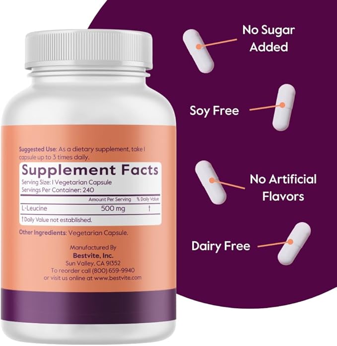 BESTVITE L-Leucine 500mg per Capsule (240 Vegetarian Capsules) - No Stearates - No Fillers - No Flow Agents - Vegan - Non GMO - Gluten Free