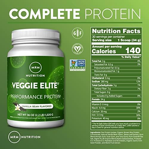 MRM Nutrition Veggie Elite Performance Protein | Vanilla Bean Flavored| Plant-Based Protein| Easy to Digest | with BCAAs| Vegan + Gluten-Free | Clinically Tested| Digestive enzymes | 30 Servings