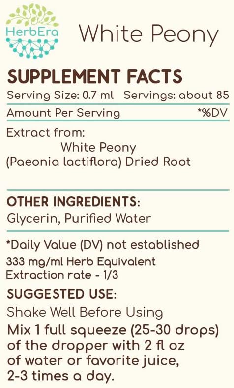 White Peony B60 Alcohol-Free Herbal Extract Tincture, Concentrated Liquid Drops Natural White Peony (Paeonia Lactiflora) Dried Root (2 fl oz)