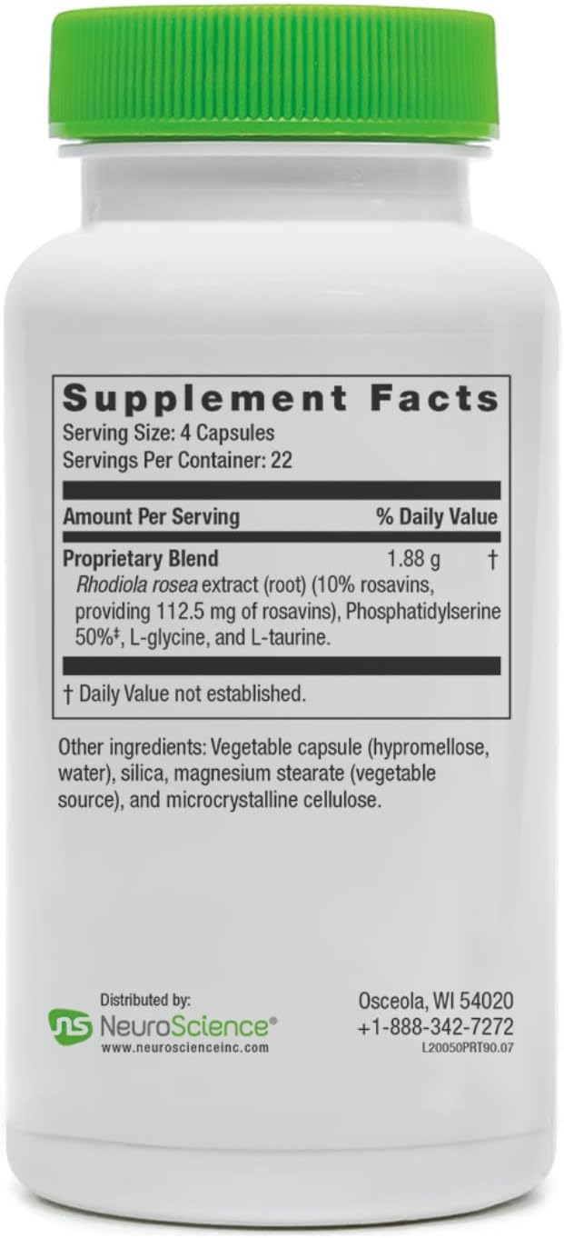 NeuroScience Calm PRT - Rhodiola Rosea Adrenal Health Supplement to Support Sleep, Mood, Regulate Stress + Help Reduce Anxiousness - Sleep Supplement with Glycine, Taurine, Cortisol (90 Capsules)
