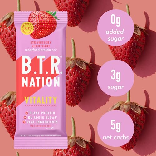 B.T.R. Nation Vegan Superfood Protein Bars - Strawberry Shortcake VITALITY | 12 Bars | Keto, Plant Based, and Gluten Free Low Carb, Sugar Alcohol Free, & Boosted with Powerful Superfood!
