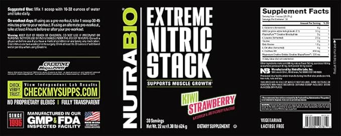 NutraBio Extreme Nitric Stack, Nitric Oxide and Cell Volumizing Formula - 30 Servings (Kiwi Strawberry)