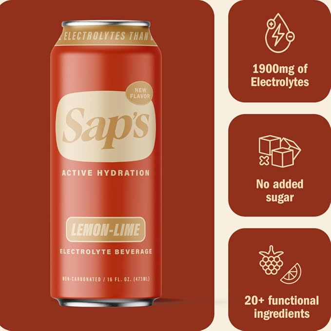 Sap’s Rapid Rehydration Sports Drink - 12 Cans, Lemon Lime with Electrolytes and Adaptogens for Workouts, Wellness - ZERO Artificial Colors, Flavors, or Sugars