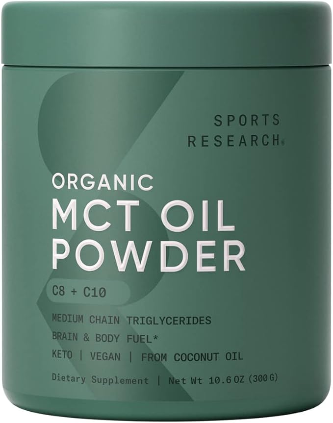 Sports Research Organic MCT Oil Powder - Keto & Vegan MCTs C8, C10 from Coconuts - Fatty Acid Brain & Body Fuel, Non-GMO & Gluten Free - Unflavored, Perfect in Coffee, Tea & Protein Shakes - 10.6 oz