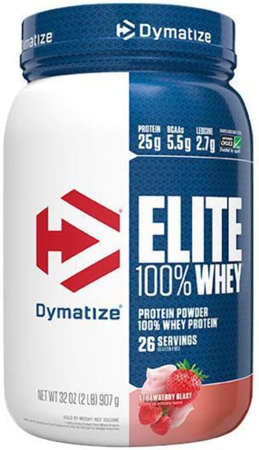 Dymatize Elite 100% Whey Protein Powder, Chocolate, 25g of Protein, 25 Servings, 5.5g BCAAs, Less Than 140 Cal., Gluten Free, 3g Carb, 2g Sugar, 3g Fat