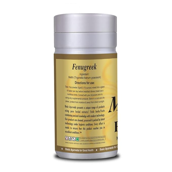 BASIC AYURVEDA Methi (Fenugreek) Powder – 3.53 Oz (100g) | Pure Ground Fenugreek for Culinary Use, Herbal Tea, Hair & Skin Care | All-Natural, Non-GMO, Resealable Jar
